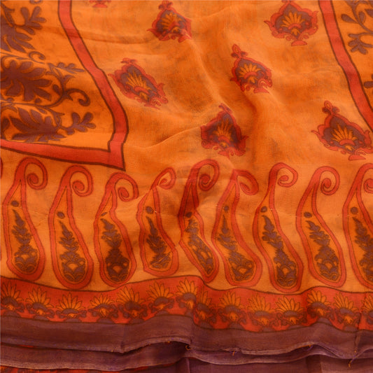 Sanskriti Vintage Orange Sarees Pure Georgette Silk Printed Sari Craft Sustainable Fabric