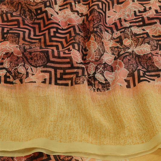 Sanskriti Vintage Cream Pure Georgette Silk Sarees Printed Sari 5yd Craft Sustainable Fabric