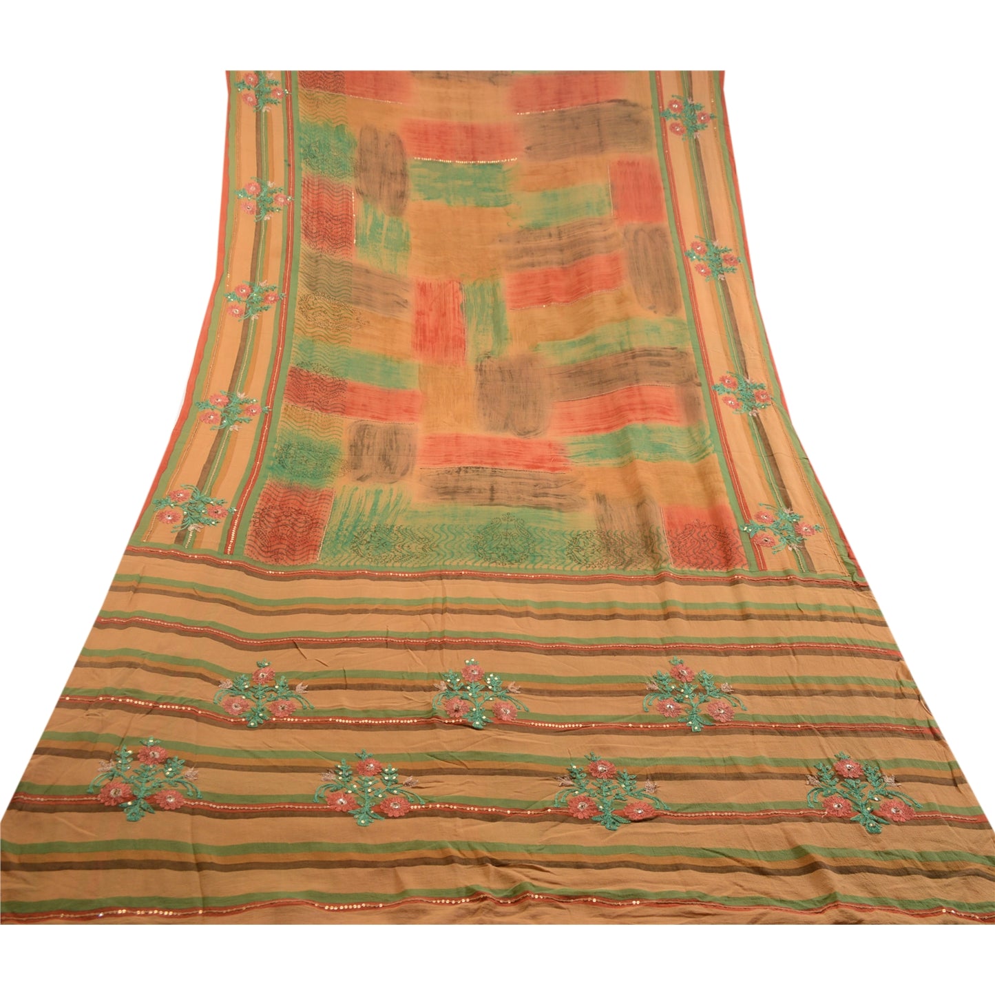 Sanskriti Vintage Multi Hand Beaded Ari Pure Georgette Silk Sarees Sari Sustainable Fabric