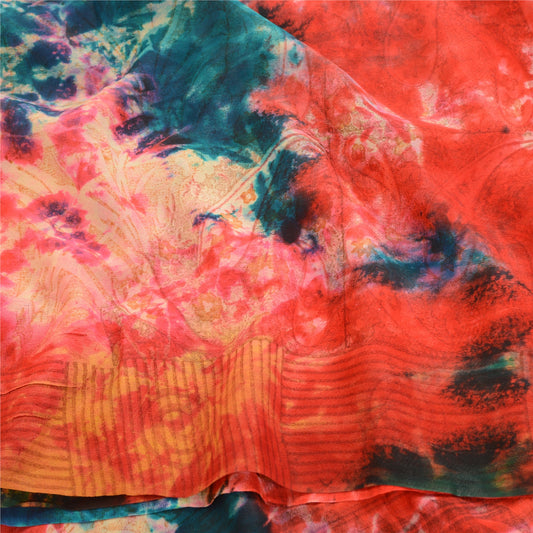 Sanskriti Vintage Red Tie-Dye Sarees Print Pure Georgette Silk Sari Craft Sustainable Fabric