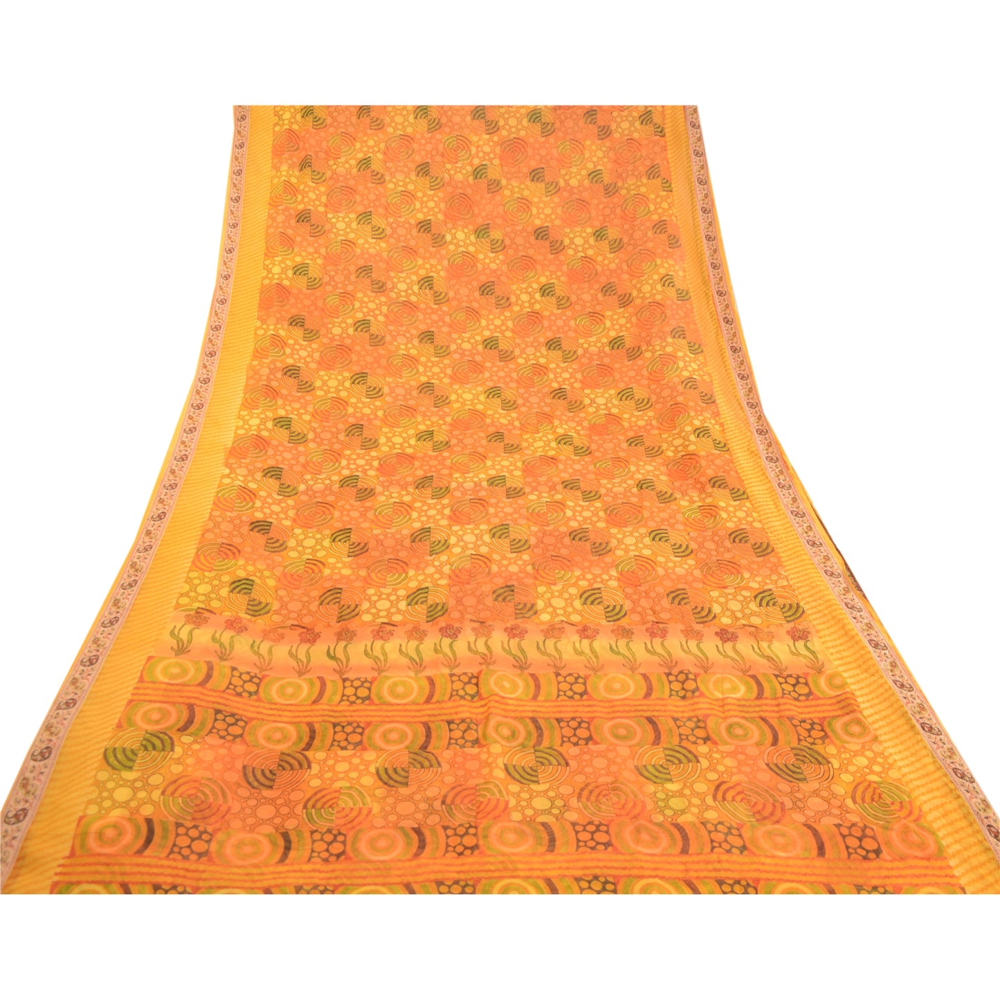 Sanskriti Vintage Yellow Sarees Pure Georgette Silk Sari Printed Craft Sustainable Fabric