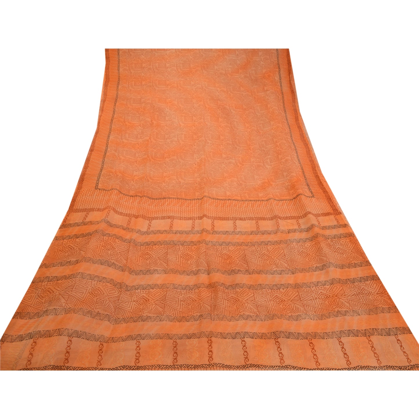 Sanskriti Vintage Peach Sarees Pure Chiffon Silk Sari Printed Soft Craft Sustainable Fabric