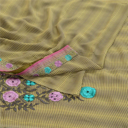 Sanskriti Vintage Grønne Håndperlede Sarier Georgette Sari Trykt Håndværk Bæredygtigt Stof