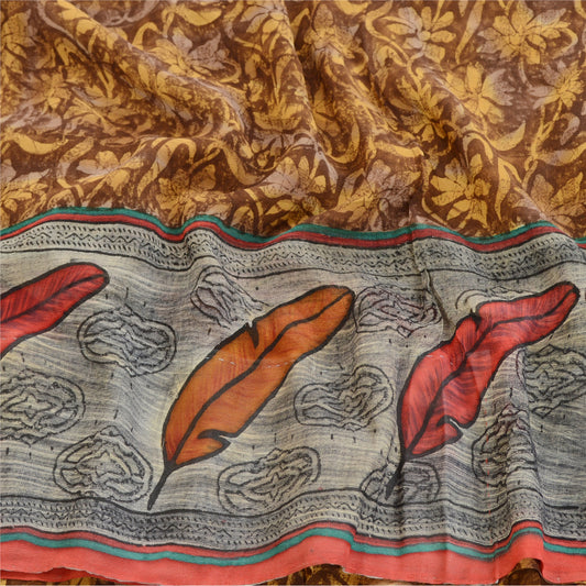 Sanskriti Vintage Brown Sarees Pure Georgette Silk Printed Sari 5yd Craft Sustainable Fabric