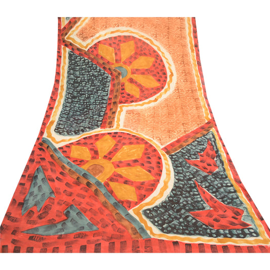 Sanskriti Vintage Sari 100% Pure Georgette Silk Peach Printed Sarees 5Yd Craft Fabric upholstery fabric