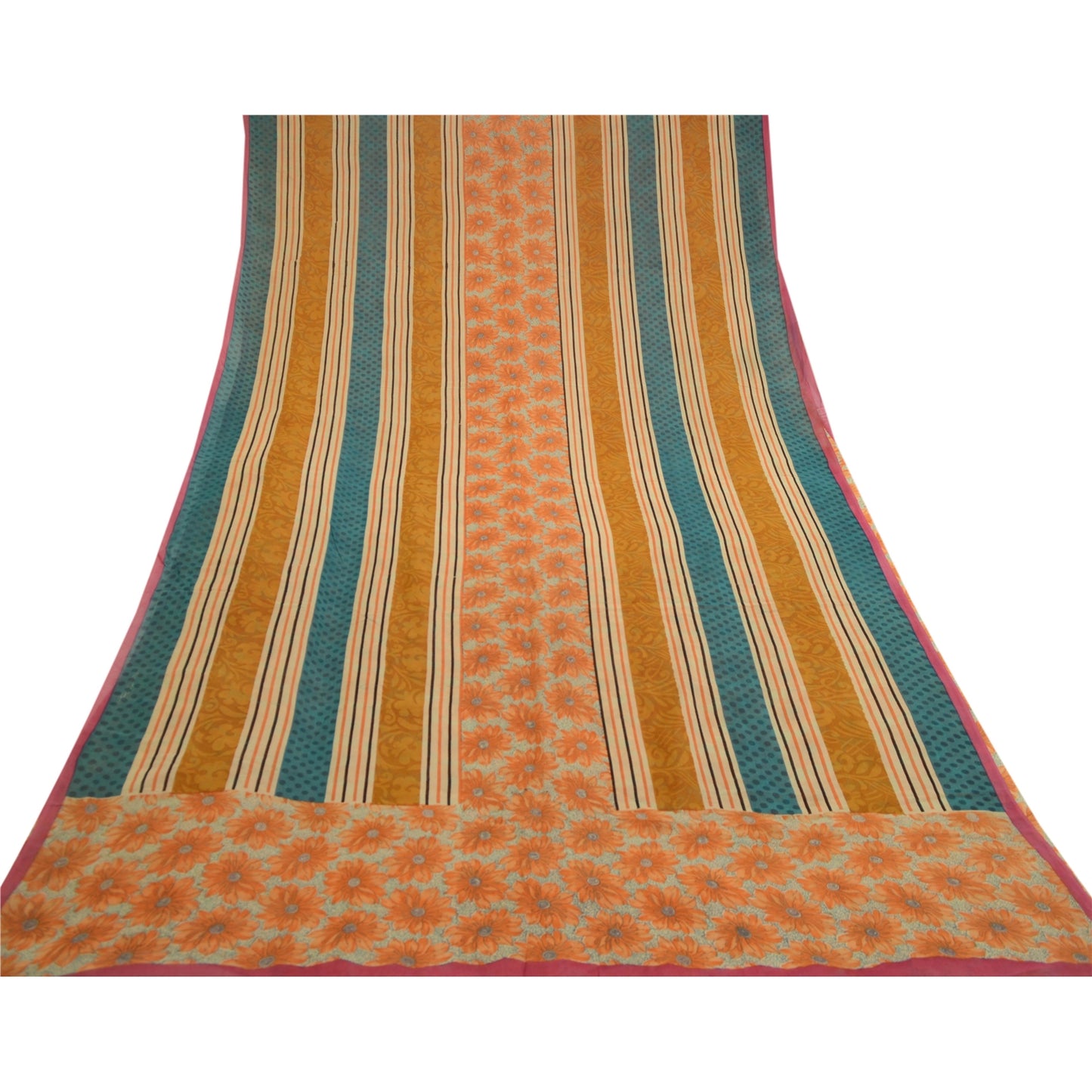 Sanskriti Vintage Orange Printed Sarees Pure Georgette Silk Sari Craft Sustainable Fabric