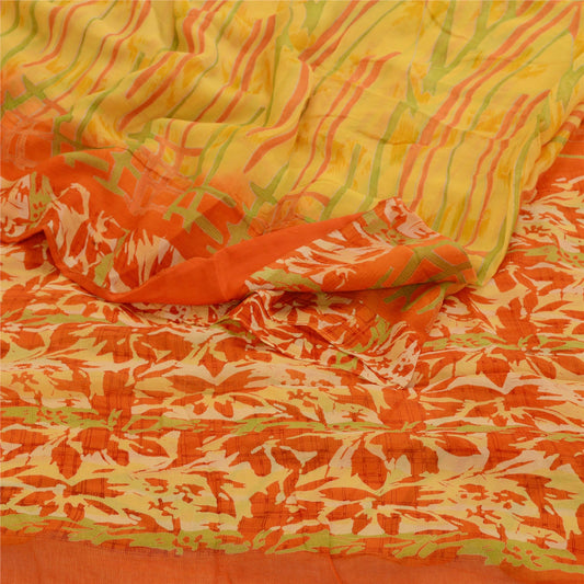 Sanskriti Vintage Yellow Sarees Pure Chiffon Silk Printed Sari 5yd Craft Sustainable Fabric