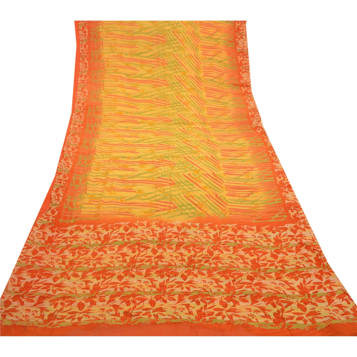Sanskriti Vintage Yellow Sarees Pure Chiffon Silk Printed Sari 5yd Craft Sustainable Fabric