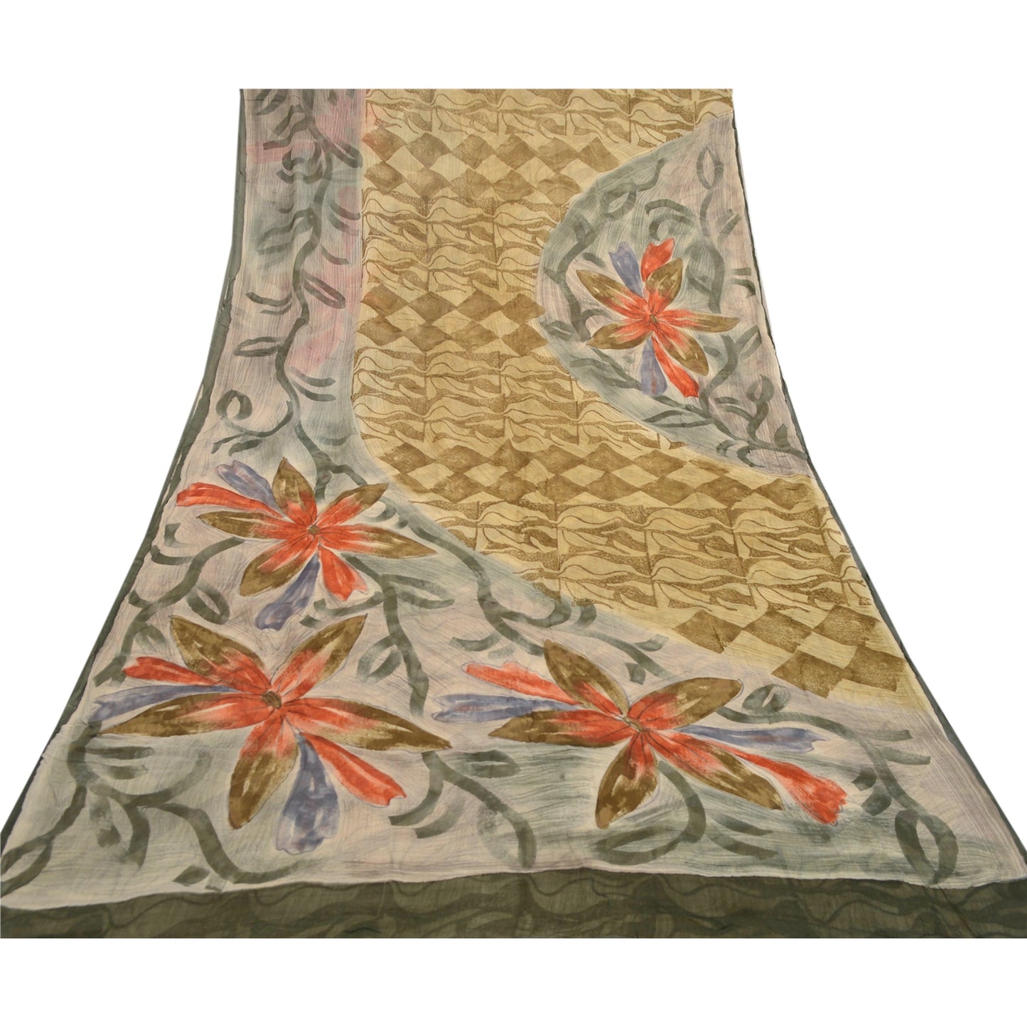 Sanskriti Vintage Green Sarees Blend Georgette Printed Sari Soft Craft Sustainable Fabric