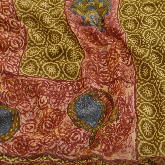 Sanskriti Vintage Green Sarees Pure Georgette Silk Printed Sari 5yd Craft Sustainable Fabric