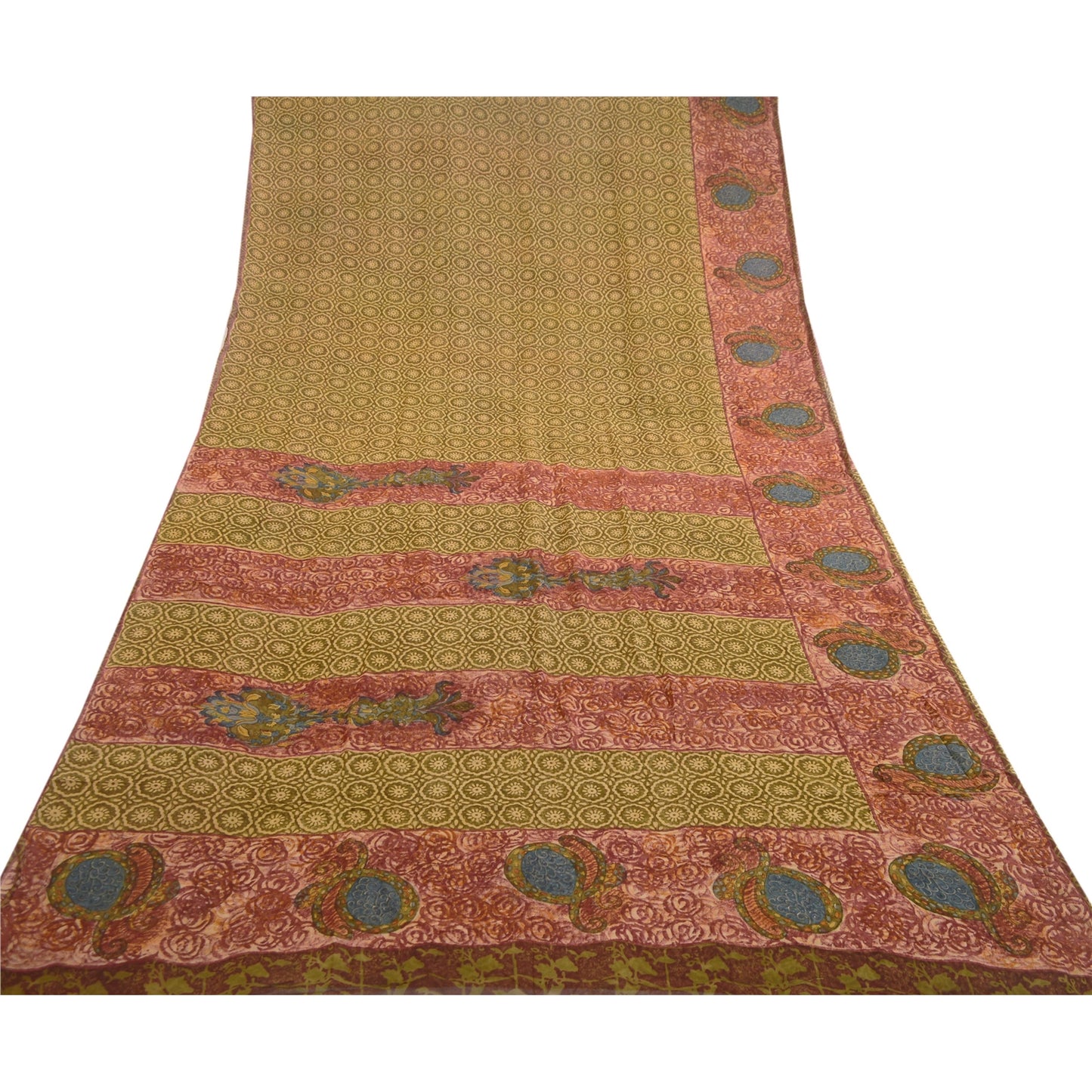 Sanskriti Vintage Green Sarees Pure Georgette Silk Printed Sari 5yd Craft Sustainable Fabric