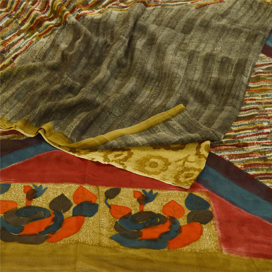 Sanskriti Vintage Green Sarees Pure Georgette Silk Printed Sari 5yd Craft Sustainable Fabric