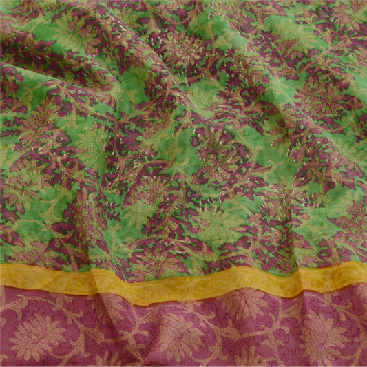 Sanskriti Vintage Green Sarees Pure Georgette Silk Printed Sari 5yd Craft Sustainable Fabric