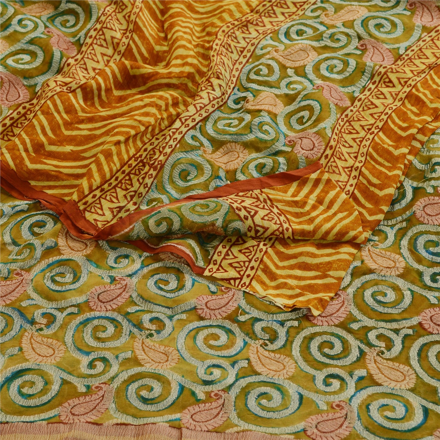 Sanskriti Vintage Green Sarees Pure Georgette Silk Printed Sari Craft Sustainable Fabric