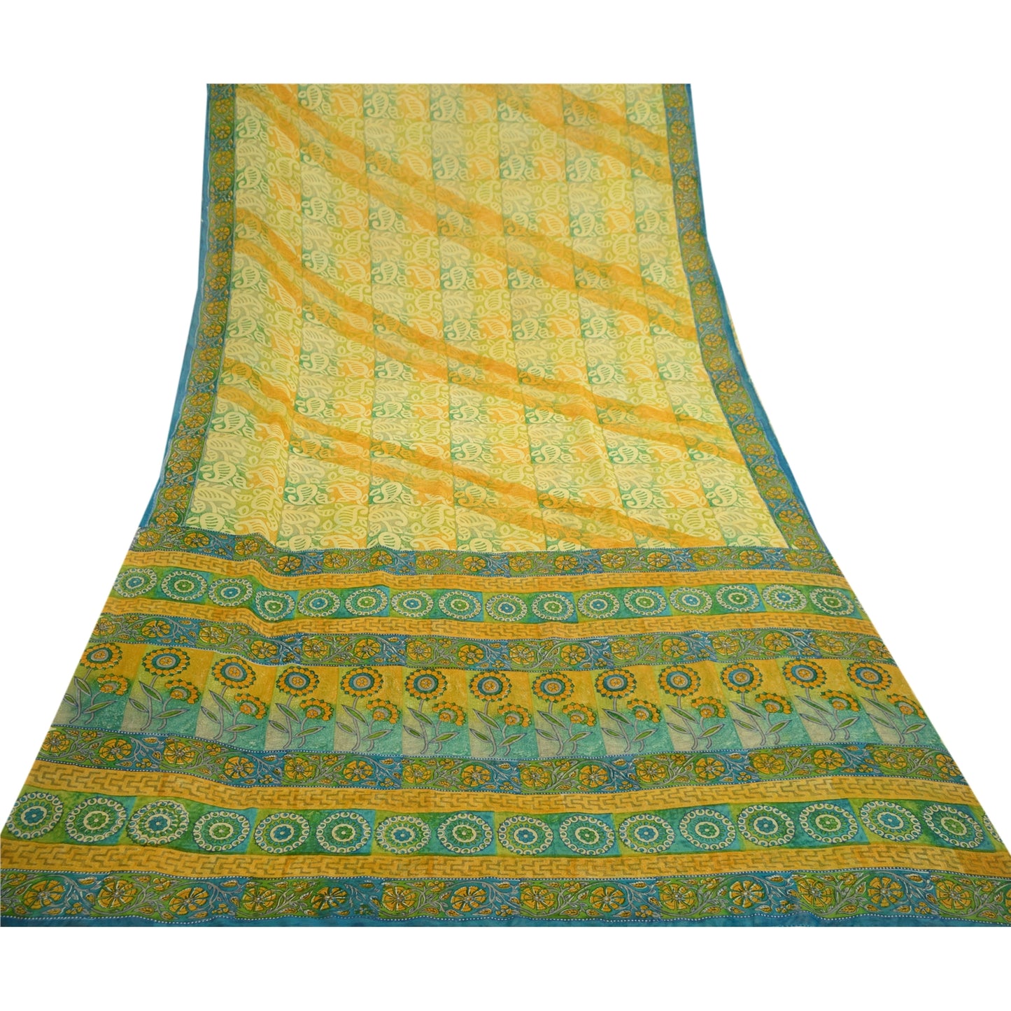 Sanskriti Vintage Green Sarees Pure Georgette Silk Sari 5yd Floral Craft Sustainable Fabric