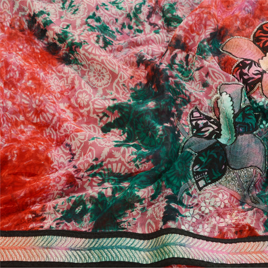 Sanskriti Vintage Red Tie-dye Hand Beaded Sarees Pure Georgette Silk Sari Sustainable Fabric