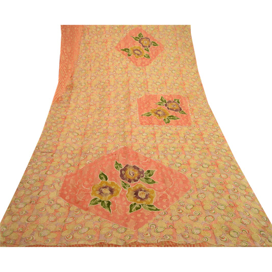 Sanskriti Vintage Sari Pure Georgette Silk Red Printed Woven Saree 5Yd Craft Fabric Floral Recycled For Quilting Felting, Home Decor