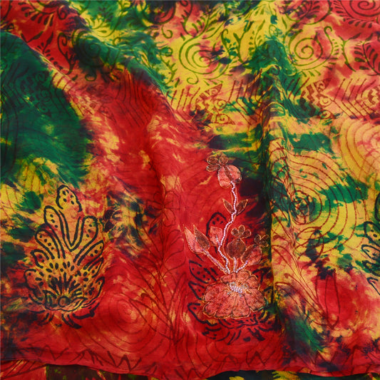 Sanskriti Vintage Red Tie-Dye Hand Beaded Sarees Pure Georgette Silk Sari Sustainable Fabric