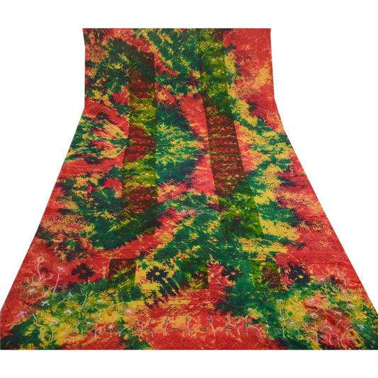 Sanskriti Vintage Røde Tie-Dye Håndperlede Sarier Ren Georgette Silke Sari Bæredygtigt Stof