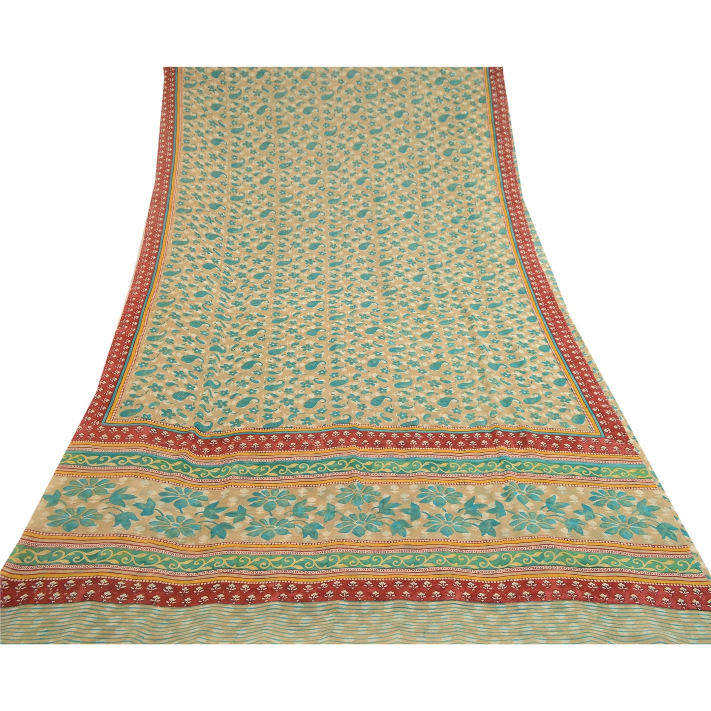 Sanskriti Vintage Green Printed Sarees Pure Georgette Silk Sari 5yd Craft Sustainable Fabric