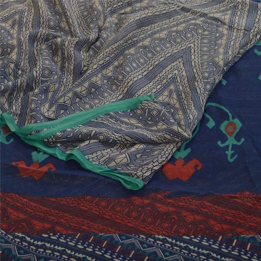 Sanskriti Vintage Blue Sarees Pure Georgette Silk Printed Sari 5yd Craft Sustainable Fabric