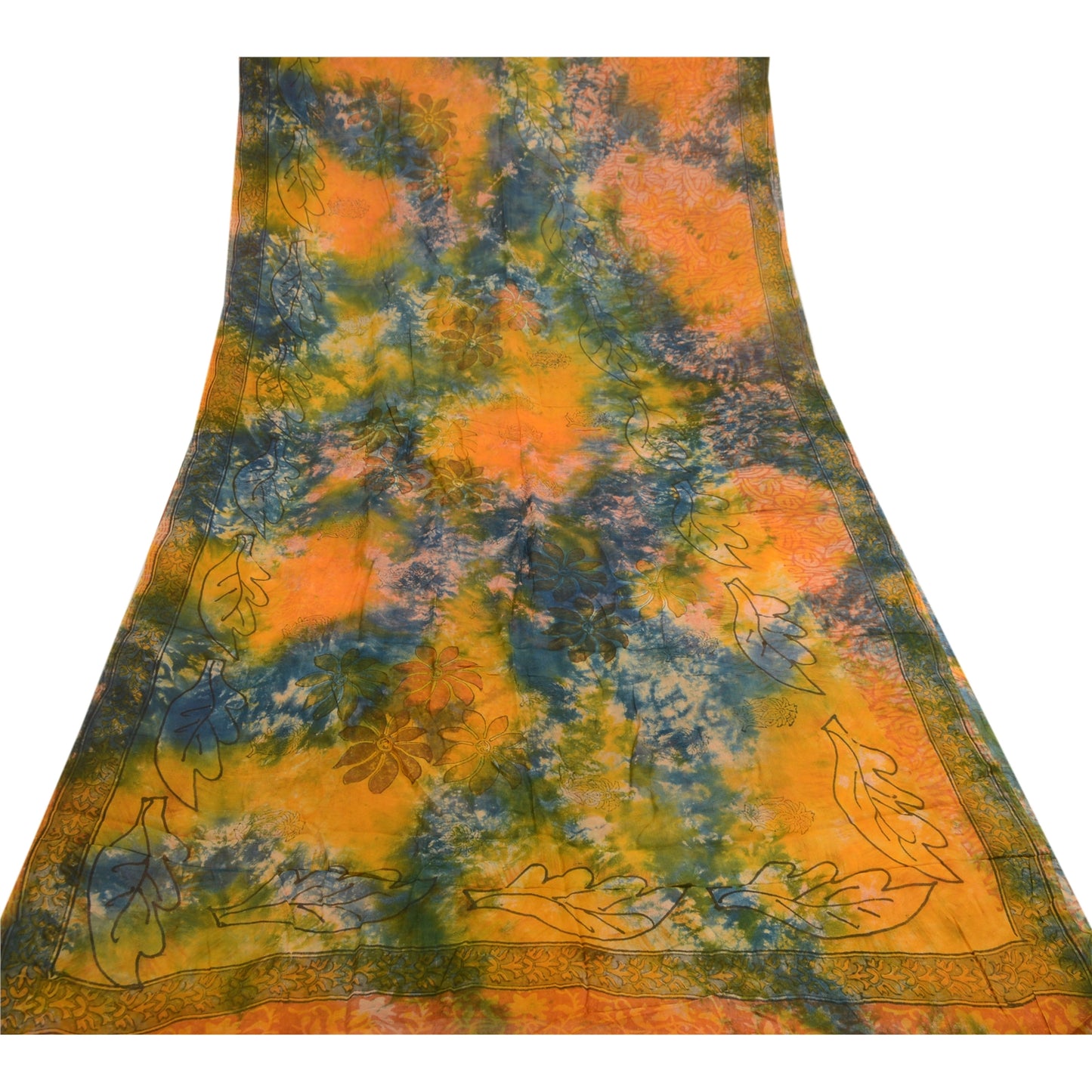 Sanskriti Vintage Saffron Tie-Dye Sarees Blend Georgette Sari Soft Craft Sustainable Fabric