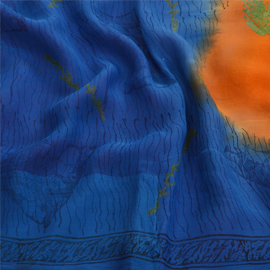 Санскритские винтажные синие сари из чистого шелка-жоржета с принтом 5 ярдов ткань для рукоделия из экологически чистой ткани