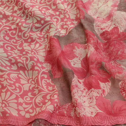 Sanskriti Vintage Pink Indian Sarees Chiffon Printed Sari Floral Craft Sustainable Fabric