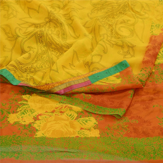 Sanskriti Vintage Yellow Sarees Pure Georgette Silk Printed Sari Craft Sustainable Fabric