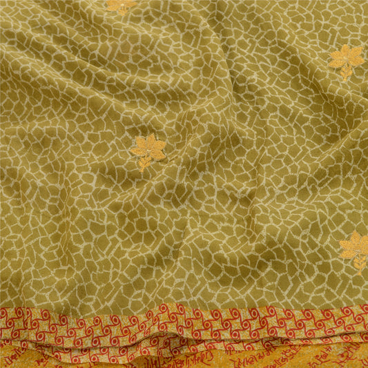 Sanskriti Vintage Grønne Broderet Trykte Sarier Ren Georgette Silke Sari Bæredygtigt Stoff