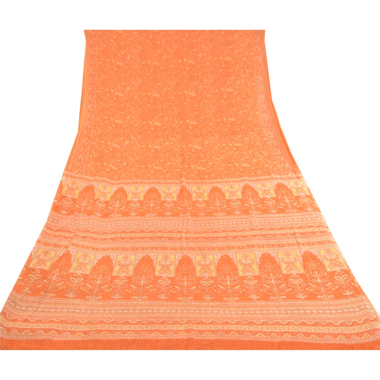 Sanskriti Vintage Indian Orange Sarees Georgette Printed Sari 5yd Craft Sustainable Fabric