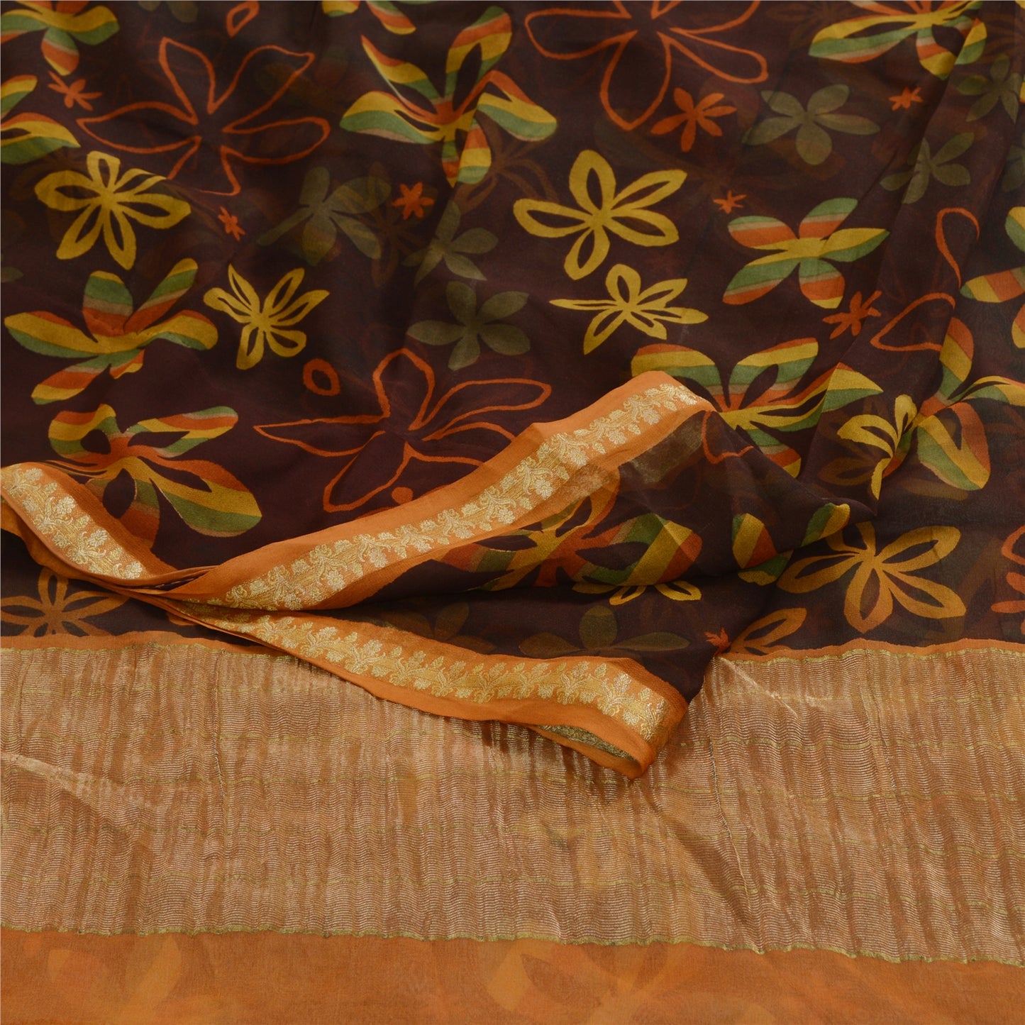 Sanskriti Vintage Sarees Brown Printed Zari Work Pure Georgette Silk Sari Sustainable Fabric