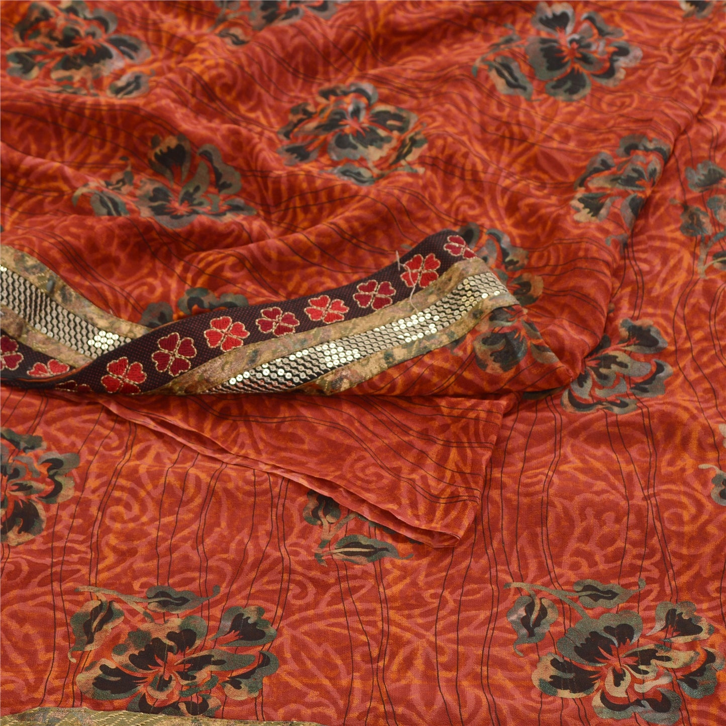 Sanskriti Vintage Sarees Print Patch Dark Red Pure Georgette Silk Sari Sustainable Fabric