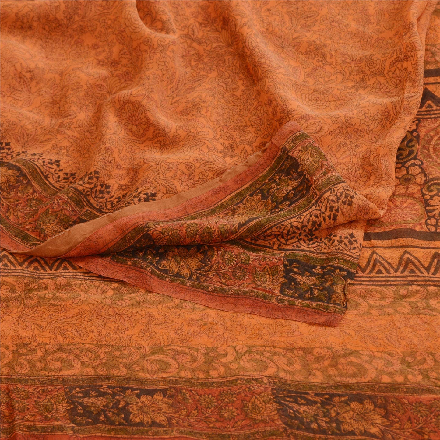 Sanskriti Vintage Saffron Sarees Pure Georgette Silk Printed Sari Craft Sustainable Fabric