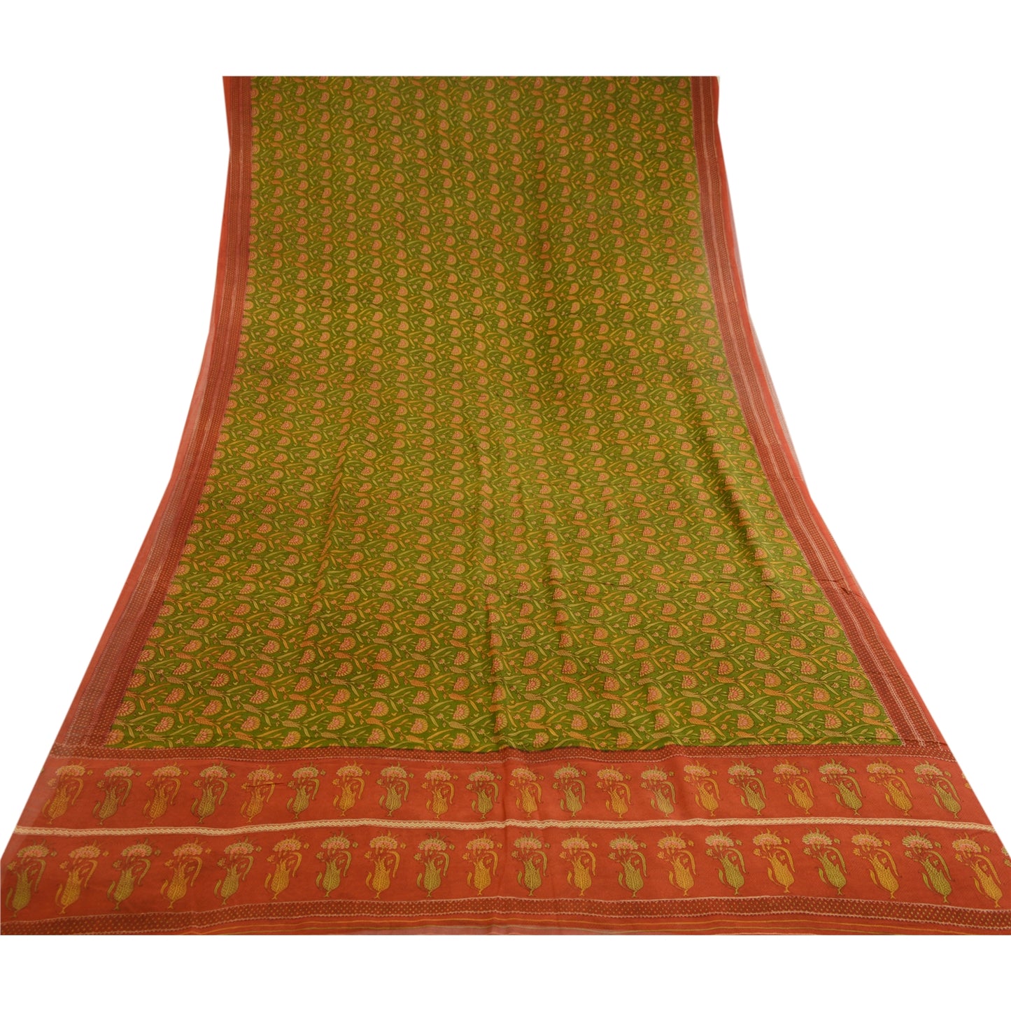 Sanskriti Vintage Sarees Green Printed Pure Georgette Silk Sari 5yd Craft Sustainable Fabric