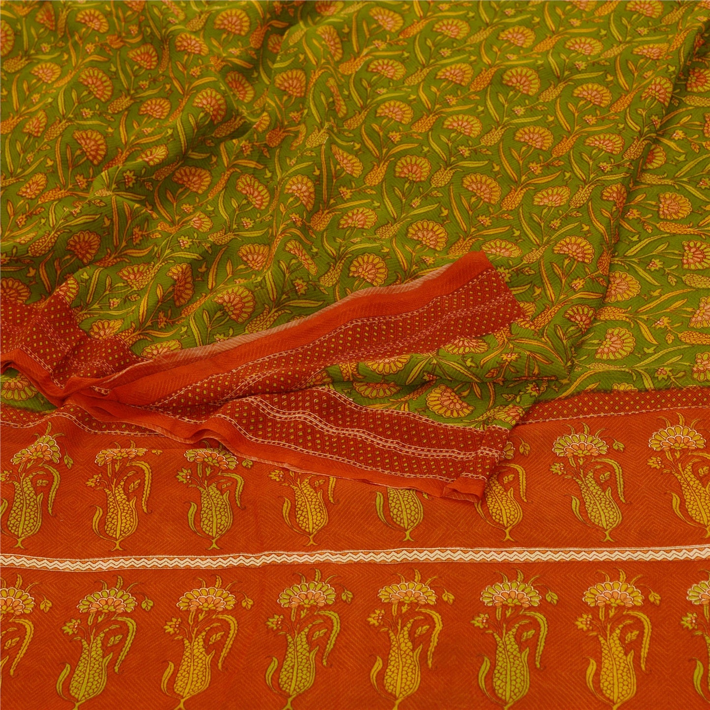 Sanskriti Vintage Sarees Green Printed Pure Georgette Silk Sari 5yd Craft Sustainable Fabric