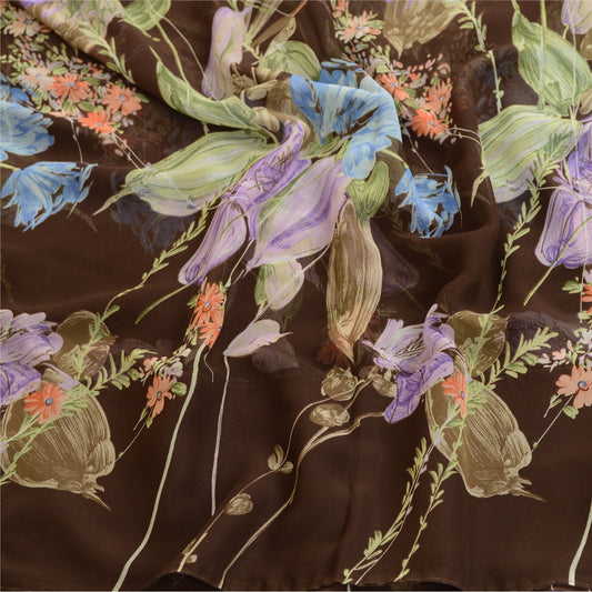 Sanskriti Vintage Sarees Indian Brown Printed Georgette Sari 5yd Craft Sustainable Fabric