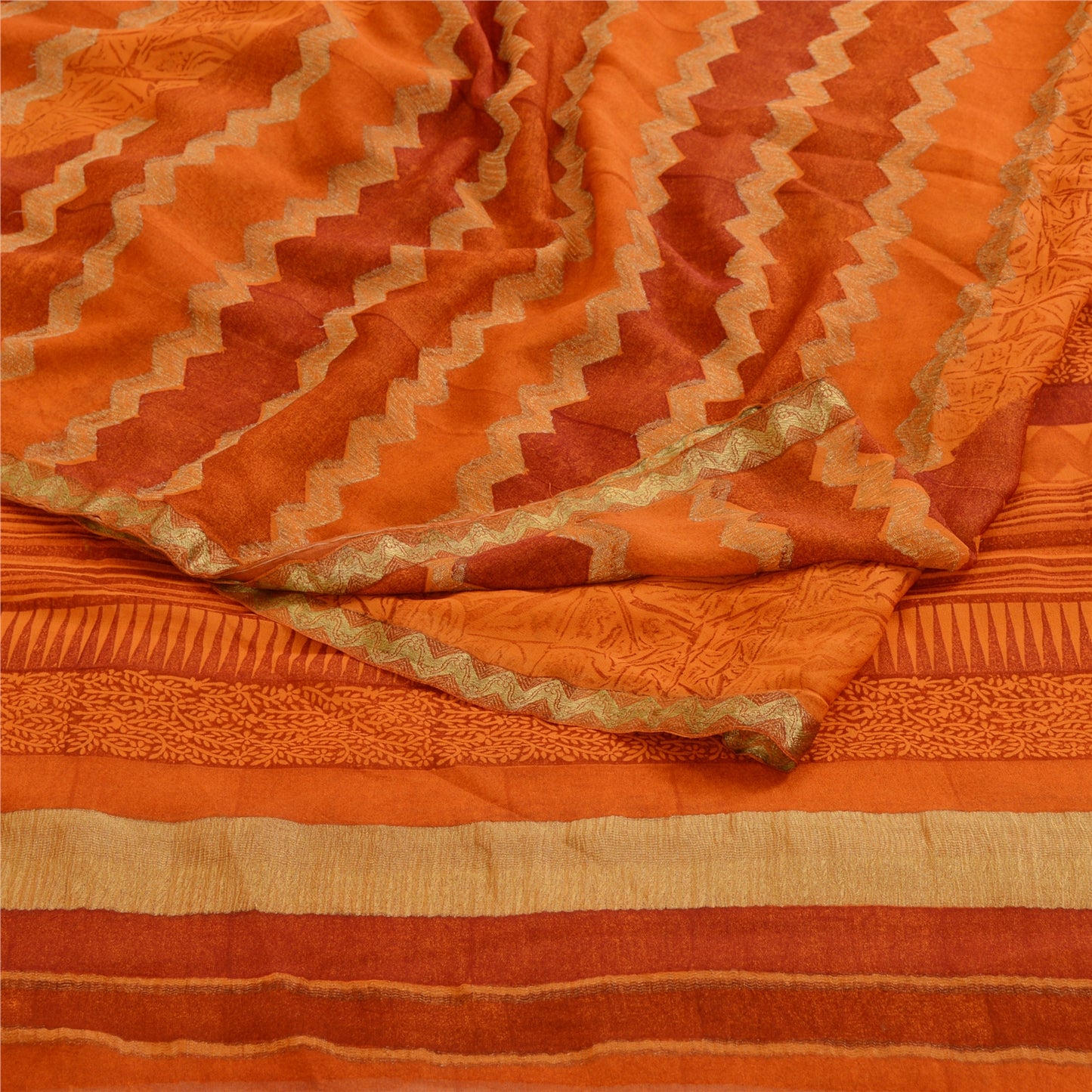 Sanskriti Vintage Sarees Saffron Pure Georgette Silk Printed Sari Craft Sustainable Fabric