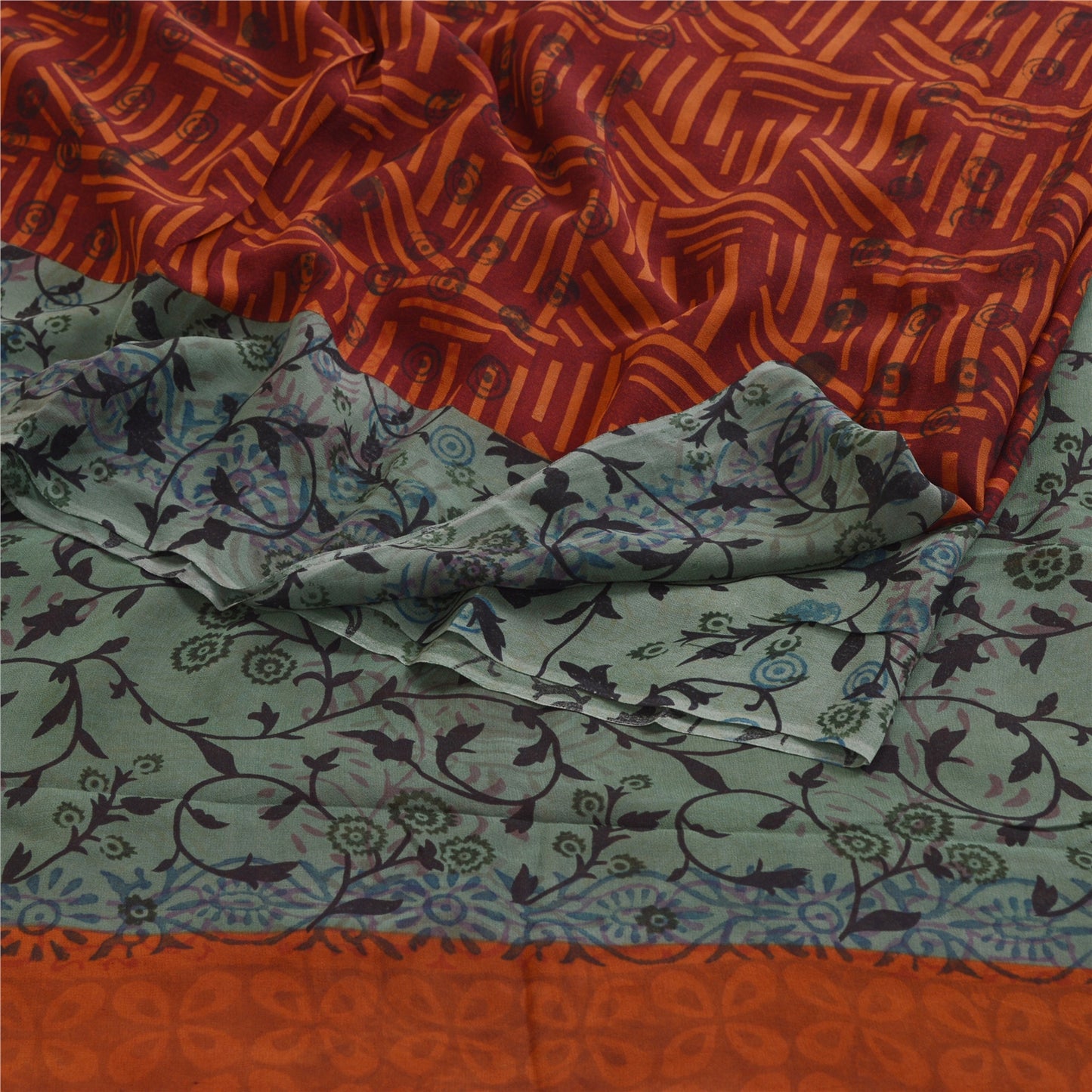 Sanskriti Vintage Sarees Brown Printed Pure Georgette Silk Sari 5yd Craft Sustainable Fabric