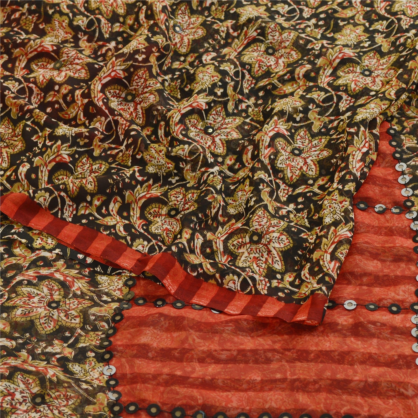 Sanskriti Vintage Sarees Black Printed Georgette Sari 5yd Floral Craft Sustainable Fabric