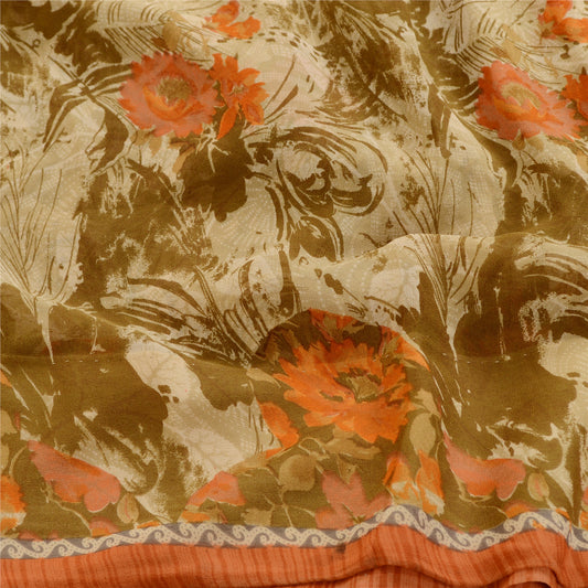 Sanskriti Vintage Sarees Olive Green Pure Georgette Silk Print Sari Craft Sustainable Fabric