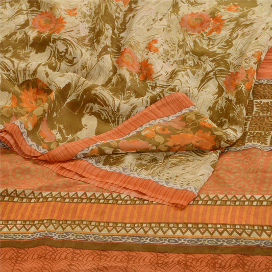 Sanskriti Vintage Sarees Olivengrønne Ren Georgette Silke Print Sari Håndværk Bæredygtigt Stoff
