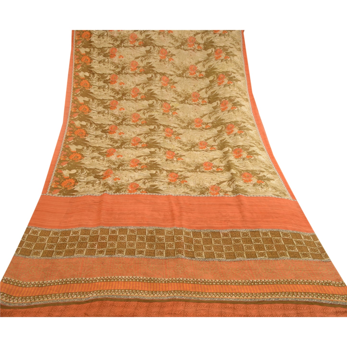 Sanskriti Vintage Sarees Olive Green Pure Georgette Silk Print Sari Craft Sustainable Fabric