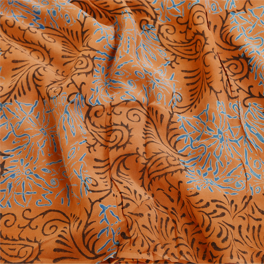 Sanskriti Vintage Sarees Block Printed Orange Pure Georgette Silk Sari Sustainable Fabric