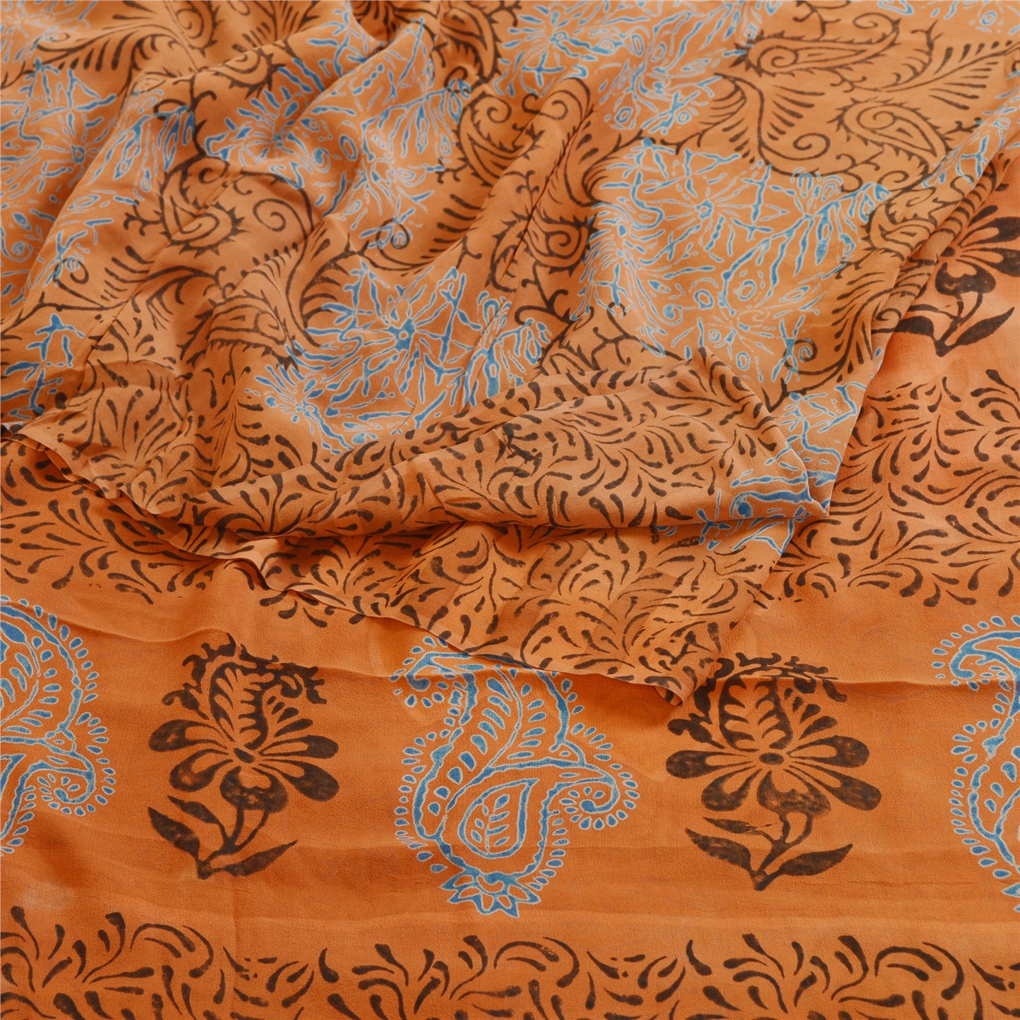 Sanskriti Vintage Sarees Block Printed Orange Pure Georgette Silk Sari Sustainable Fabric