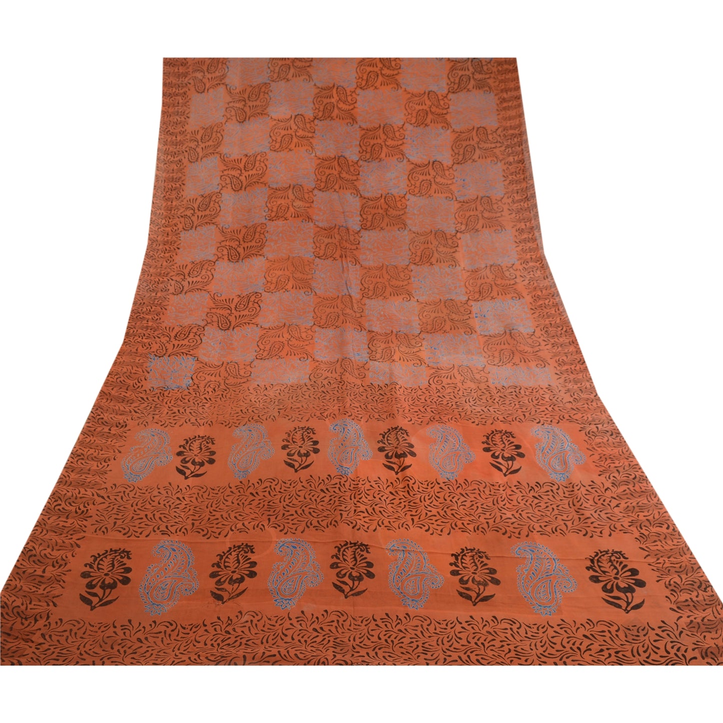 Sanskriti Vintage Sarees Block Printed Orange Pure Georgette Silk Sari Sustainable Fabric