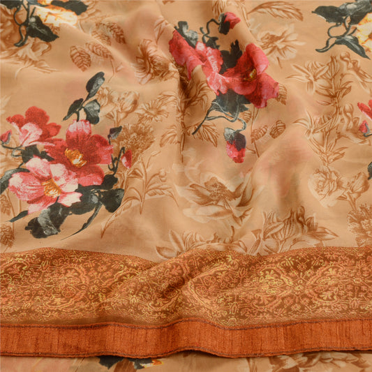 Sanskriti Vintage Sarier Karamel Georgette Digitaltrykt Sari 5yd Håndværk Bæredygtigt Stoff