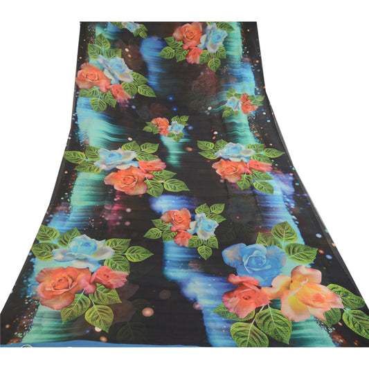 Sanskriti Vintage Sarees Black Digital Printed Georgette Sari Soft Craft Sustainable Fabric