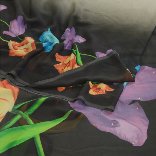 Sanskriti Vintage Sarees Grå Digitalt Trykt Rhinsten Georgette Sari Bæredygtigt Stof