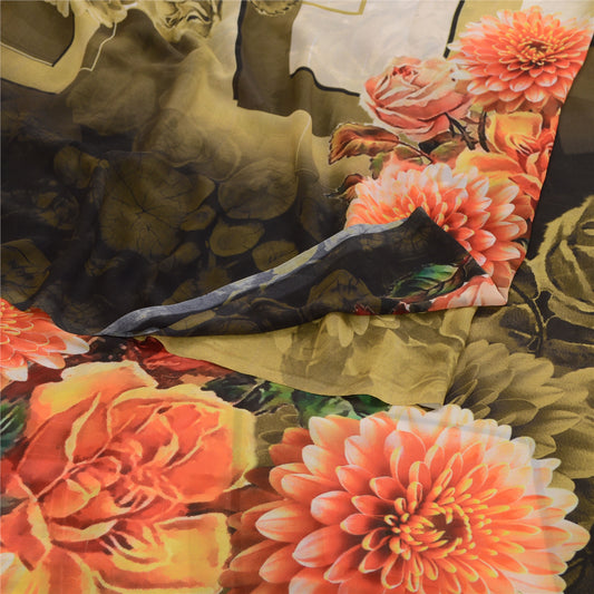 Sanskriti Vintage Sarees Olivengrøn Digitaltrykt Georgette Sari Håndværksmæssigt Bæredygtigt Stof